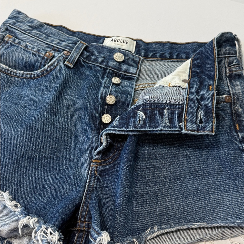 Agolde Parker High Waist Cutoff Jean Shorts Women 27 Raw Hem Button Fly Blue - Picture 3 of 13